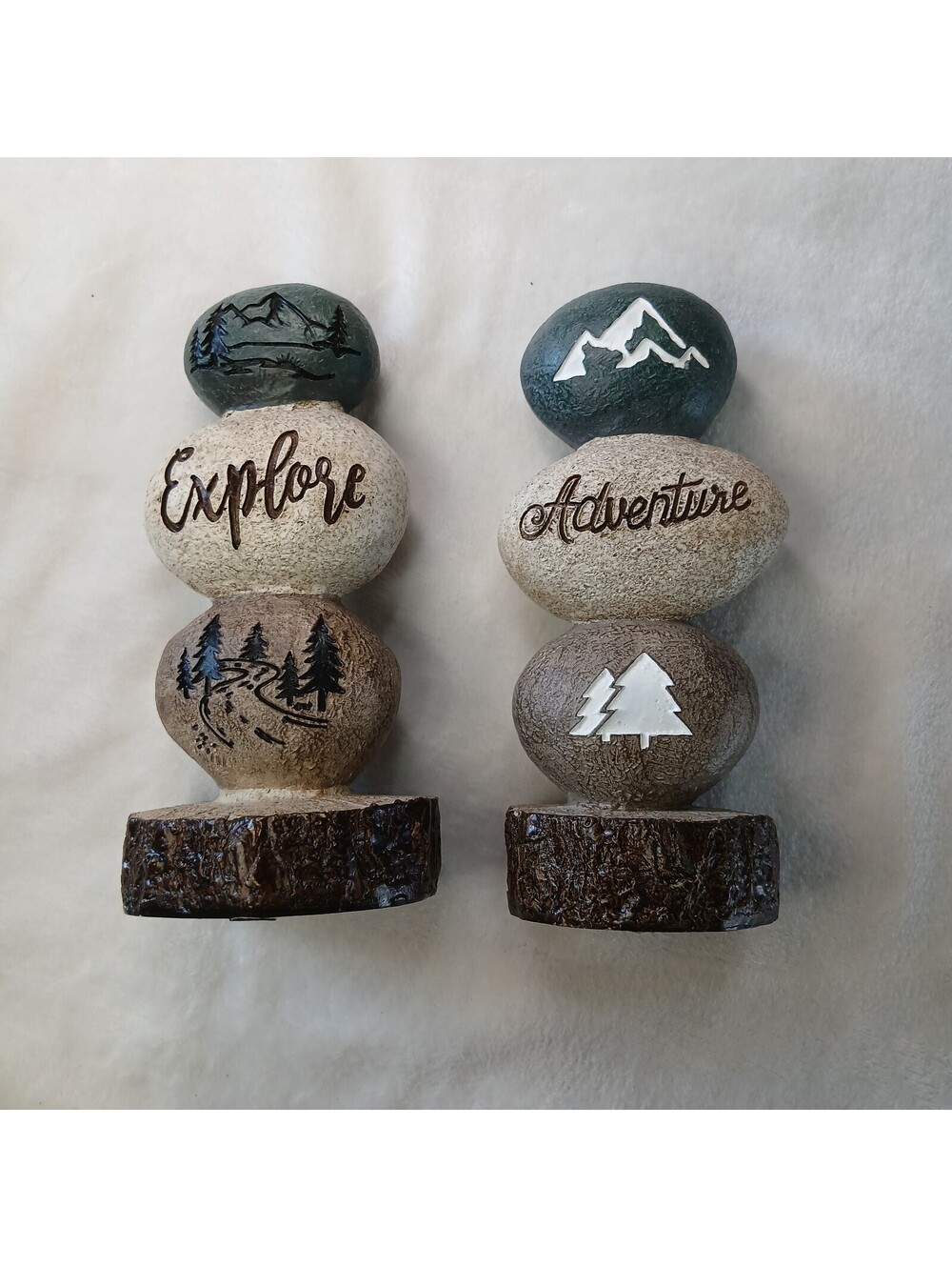 Set of 2 Explore Adventure Faux Rock Statues 3-Tier Stacked Stone Cabin Decor
